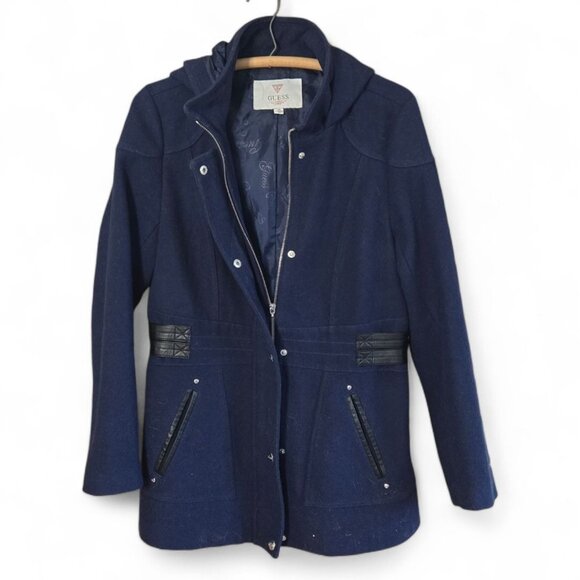GUESS Los Angeles Women’s Wool Blend Hooded Pea Coat Navy Large - Picture 6 of 14